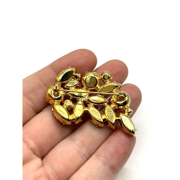 VTG Pink Rhinestone Pin Brooch Cluster Marquis Round Shaped Gold Tone Unsigned - Picture 6 of 7
